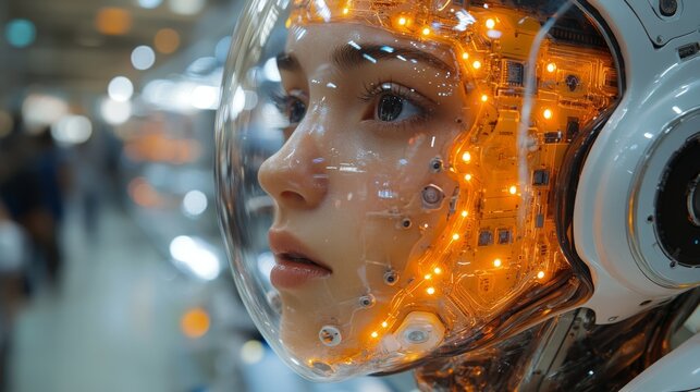 A close-up view features a humanoid robot with an illuminated, intricate helmet showcasing advanced circuitry. This display highlights advances in quantum algorithms for AI optimization.