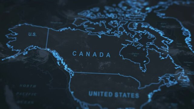 World map animation. Camera zooming in into North America continent, focusing in  Canada.