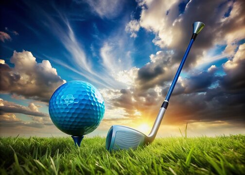 Vintage Golf: Blue Golf Ball & Club on Grassy Fairway Under a Cloudy Sky