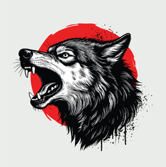 Wild wolf illustration with spray paint accents and a red sun