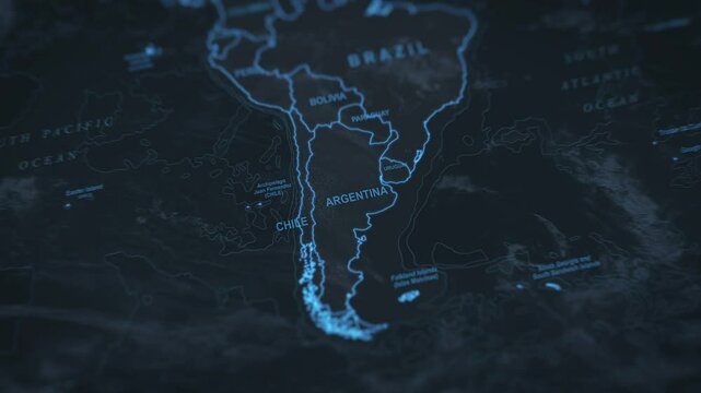 World map animation. Camera zooming in into South America continent, focusing in Argentina
