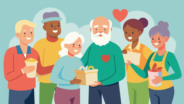 A picture of a group of seniors volunteering at a local charity organization highlighting the importance of giving back and staying active in the community during the aging. Vector illustration
