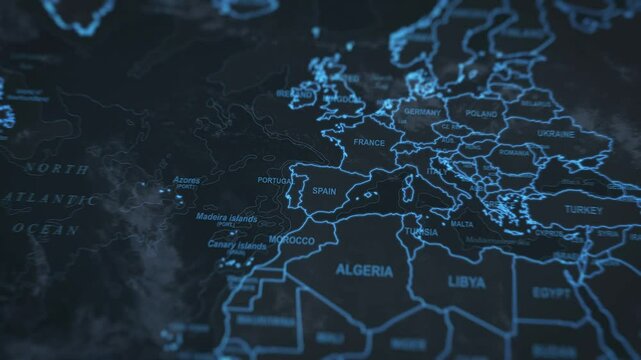 World map animation. Camera zooming in into Southern Europe continent, focusing in Spain