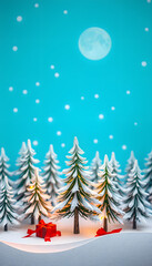 Winter fir tree christmas scene with sunlight, papercraft. with white shades