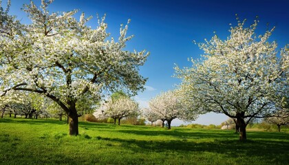 Vibrant Blossoms of Spring Trees with White Flowers in Full Bloom Against a Backdrop of Lush Green Forest, Capturing the Essence of Natures Renaissance