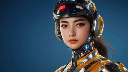 A futuristic female game character design features sleek, metallic armor with glowing LED accents, a helmet with a high tech visor
