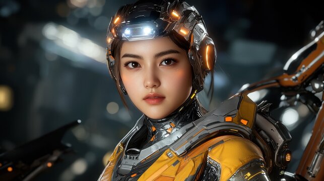 A futuristic female game character design features sleek, metallic armor with glowing LED accents, a helmet with a high tech visor