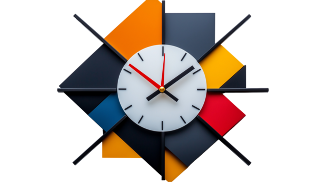 Modern Minimalist Geometric Wall Clock with Bold Lines and Vibrant Accents isolated on transparent background 