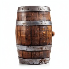 Obraz premium Isolated Wooden Barrel with Metal Hoops on a Clean White Background