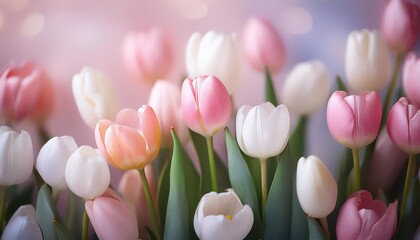 Morning Delight Softly Blooming Tulips in a Sea of Pastel Hues, Capturing the Tranquil Serenity of a Spring Garden