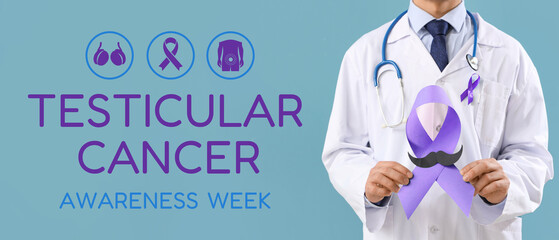 Male urologist with blue ribbon and paper mustache on color background, closeup. Prostate cancer...