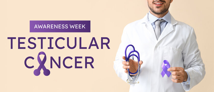 Male urologist with blue ribbon and stethoscope on beige background, closeup. Prostate cancer awareness concept - Powered by Adobe