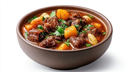 A steaming bowl of traditional Mexican tripe soup, known as menudo, is featured against a clean white background