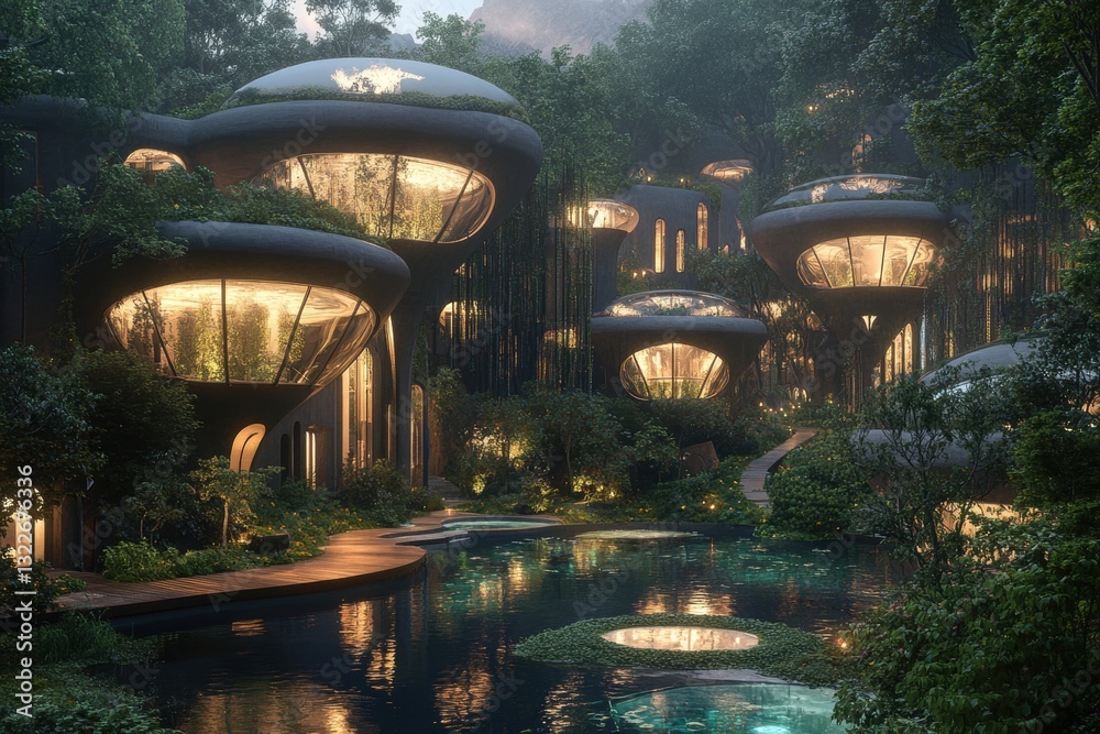 Aufkleber Modern architecture blends with nature in a vibrant forest setting featuring circular structures surrounded by lush greenery and colorful flowers