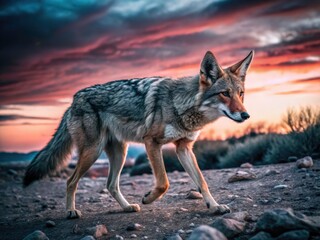 Agile Coyote Desert Run: Vivid Arid Landscape Photography