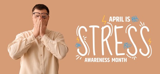 Tired young man on beige background. Banner for Stress Awareness Month