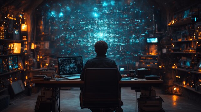 A person sits at a desk in a dimly lit room filled with technology, analyzing quantum computing concepts including superposition, entanglement, and encryption methods for enhanced security.