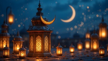 Fototapeta premium Beautiful Ramadan Lanterns with Crescent Moon and Starry Night - Islamic Festive Lights for Eid and Ramadan Celebration