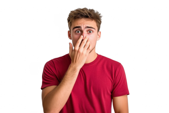 Young caucasian man cut out isolated biting fingernails, nervous and very anxious. 
