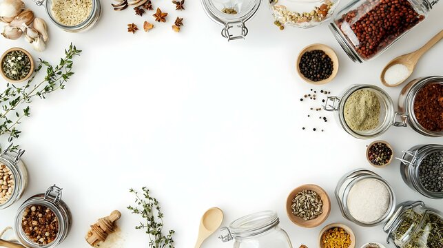 Glass jars with food ingredients on a white