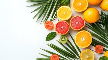 Fruits and palm leaves on white background