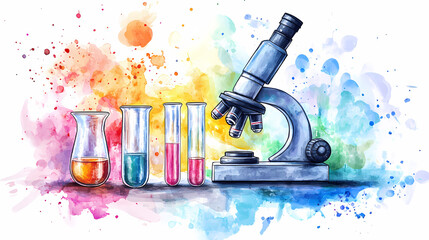 Science Equipment: A detailed illustration of science equipment with an artistic style. Showcasing a microscope and tubes against a colorful background 
