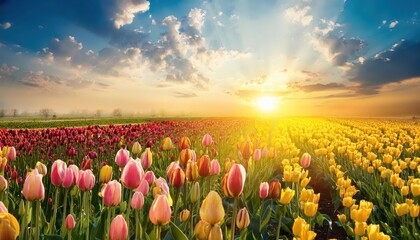 Vibrant Tulips Blossoming in the Sunlight A Radiant Spectacle of Springtime Color and Joy, Showcasing the Beauty of Natures Palette on a Warm, Breezy Day.