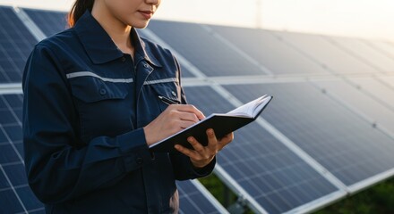  Technician Inspecting Solar Panels and Taking Notes