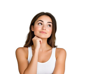 Fototapeta premium Young caucasian woman isolated on green chroma background thinking and looking up, being reflective, contemplating, having a fantasy. 