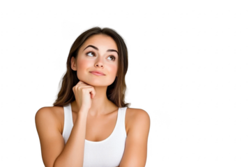 Young caucasian woman isolated on green chroma background thinking and looking up, being reflective, contemplating, having a fantasy. 
