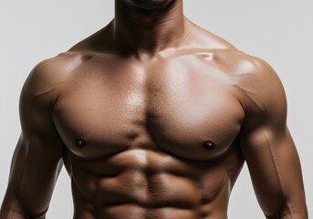 Fototapeta premium Close-up of a muscular male torso showcasing sculpted chest and shoulder muscles.