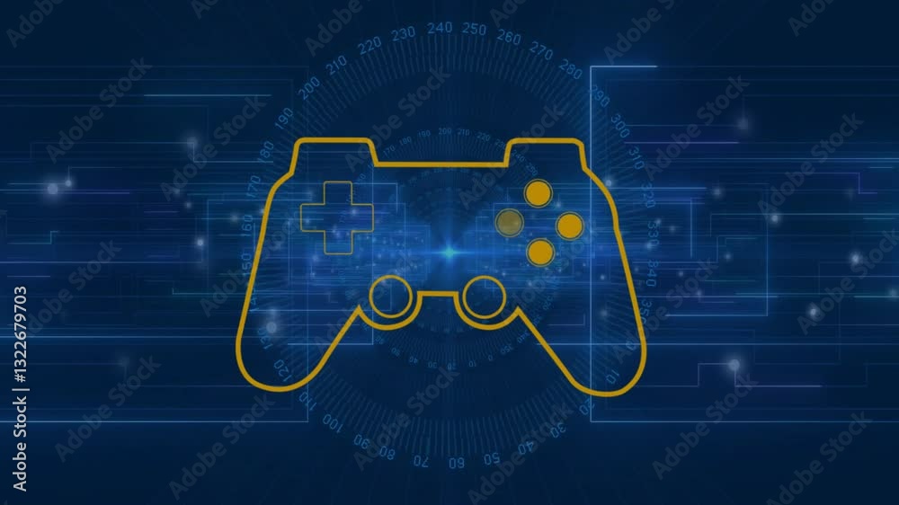 Poster animation showing game controller outline on digital circuit with blue glowing effects