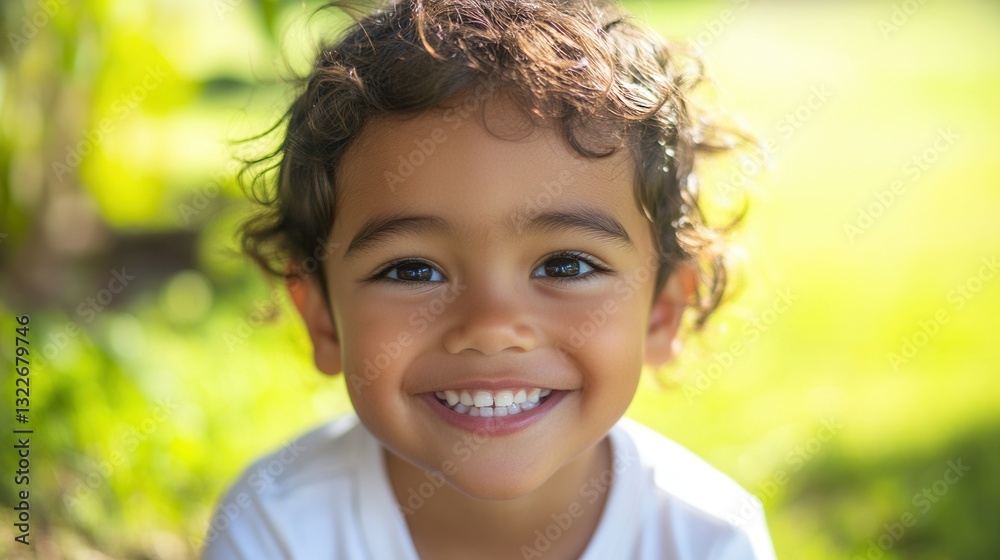 Poster smiling child enjoying a sunny day in the park with green grass in the background