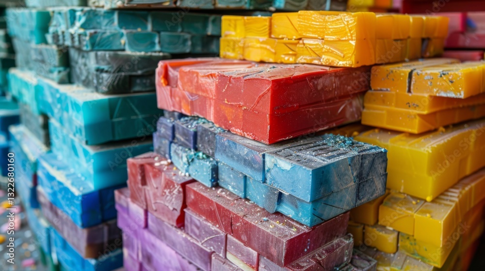 Poster colorful blocks of handmade soap are stacked neatly in a craft market. each block exhibits unique hu