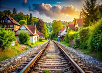 Fototapeta premium Scenic Rural Railway Track Winding Through Charming Village - Stock Photo