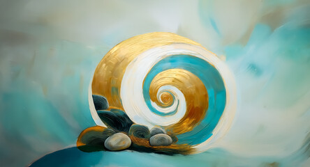 A golden spiral form, resembling a shell, painted with gold hues, resting on smooth stones. The backdrop is an abstract blend of soft blues and whites, creating a serene and dreamy atmosphere.