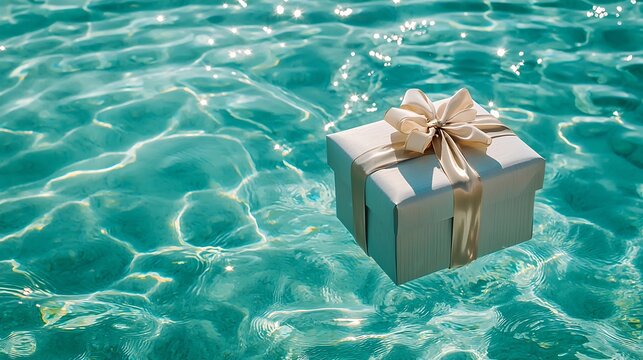 Christmas gift box floating on clear turquoise ocean waves wrapped in elegant paper with a ribbon blending the themes of mystery generosity and festive indulgence