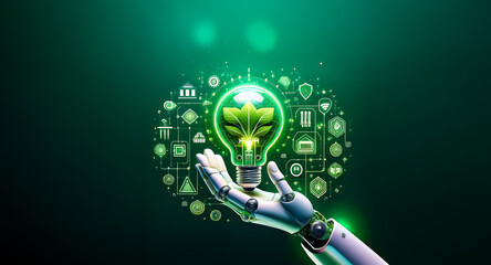 A robotic hand gently holds a glowing light bulb containing a green leaf, surrounded by eco-friendly technology icons against a green background, symbolizing innovation and sustainable energy.