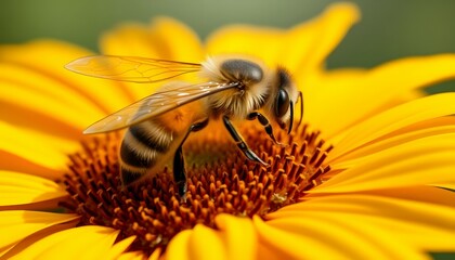 Bee Sitting on Vibrant Yellow Flower in Nature Closeup with Wings