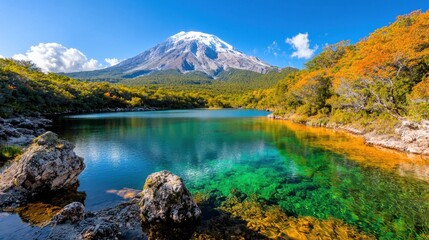 Obraz premium The breathtaking scenery of the idyllic mountain landscape captivates the senses with its serene crystal clear lake mirroring the azure sky above