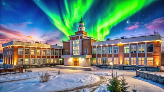 Anadyr Winter Evening: Aerial View of Anadyrsky Municipal District Administration Building, Chukotka, Russia