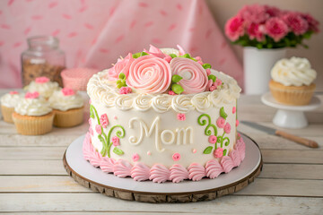 happy birthday mom cake with pink floral decoration and cupcakes