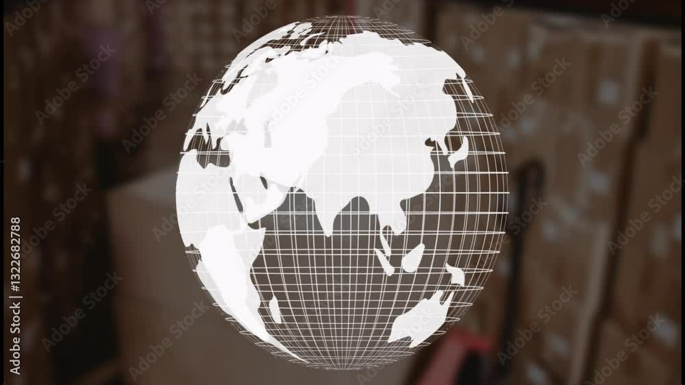 Poster grid-patterned globe animation over blurred background of stacked cardboard boxes