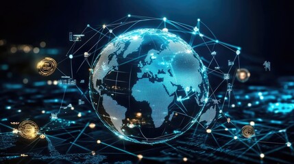 Fototapeta premium An economic prosperity theme featuring a globe on a trade connection map, surrounded by wealth symbols.
