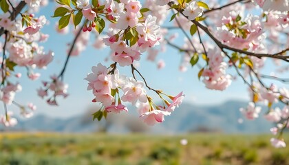 Obraz premium Pink Cherry Blossoms in Full Bloom with Green Leaves and Blue Sky Background