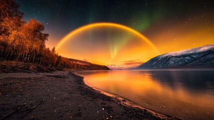 A stunning natural phenomenon occurs when a rainbow is formed at night under the shimmering glow of the northern lights, known as a moonbow.
