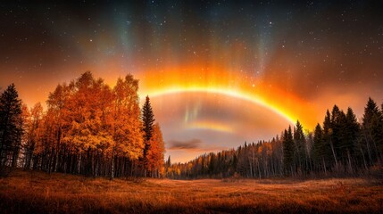 A stunning natural phenomenon occurs when a rainbow is formed at night under the shimmering glow of the northern lights, known as a moonbow.