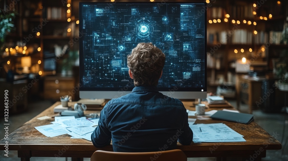 Poster A researcher sits at a desk, focused on a large screen displaying complex quantum simulations. Papers and notebooks surround them, showcasing experiments with qubits, superposition, and entanglement.