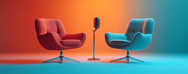 Interview Ready: Two stylish armchairs face each other, setting the stage for a deep conversation. A microphone stands ready, bathed in a gradient of colors, hinting at discussions and engaging ideas.