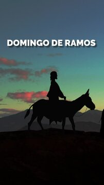 Domingo de Ramos jes&uacute;s Jerusal&eacute;n montando burro gente palmas